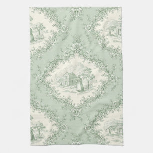 Linge De Cuisine Vert menthe toile florale de campagne française - 