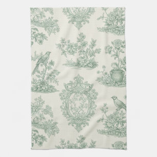Linge De Cuisine Vert menthe Toile motif floral et oiseaux