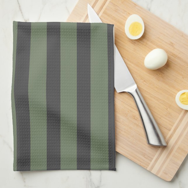 Linge De Cuisine Vert olive tick rayé moderne (Quart Plié)
