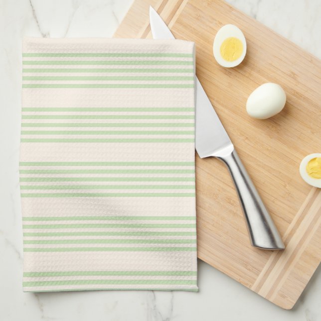 Linge De Cuisine Vert pâle et beige cinq rayures motif (Quart Plié)