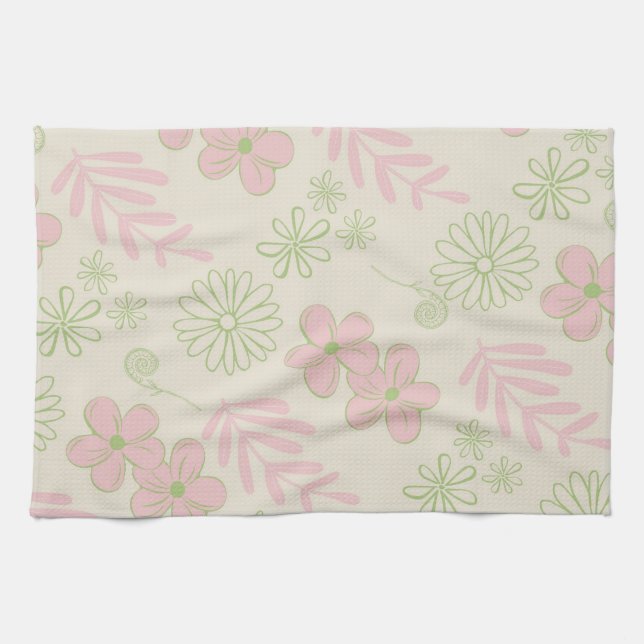 Linge De Cuisine Vert rose Tropical Floral Botanique Printemps Été (Horizontal)