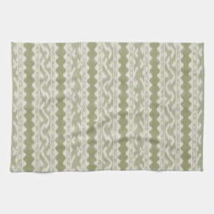 Linge De Cuisine Vert sauge Ikat, rayure festonnée crème