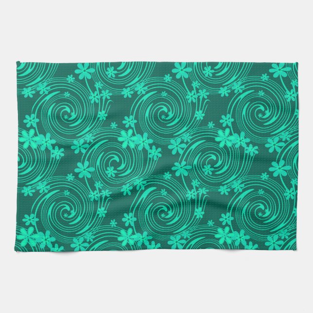 Linge De Cuisine vert turquoise motif floral clair (Horizontal)