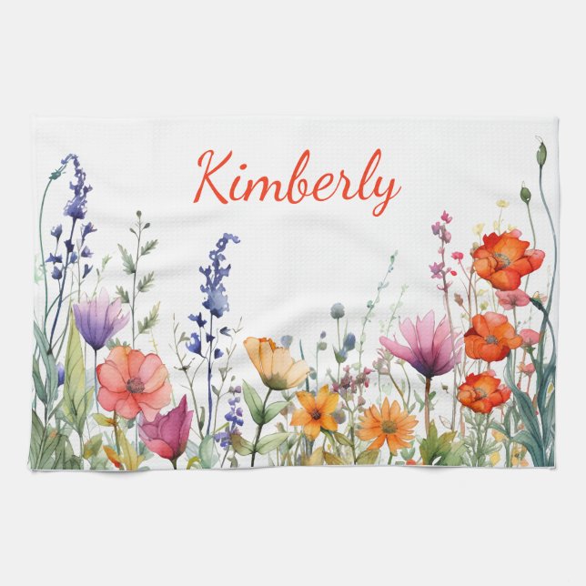 Linge De Cuisine Vibrant Watercolor Wildflowers Personalized (Horizontal)