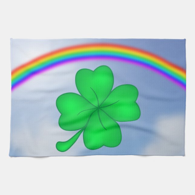 Linge De Cuisine Vierblättriges Kleeblatt mit Regenbogen (Horizontal)