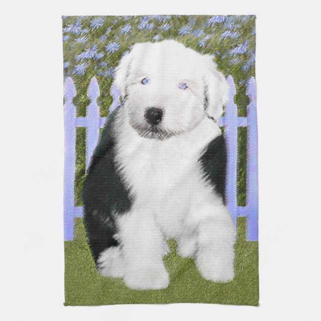 Linge De Cuisine Vieux anglais Sheepdog Puppy Peinture - Chien Art (Vertical)