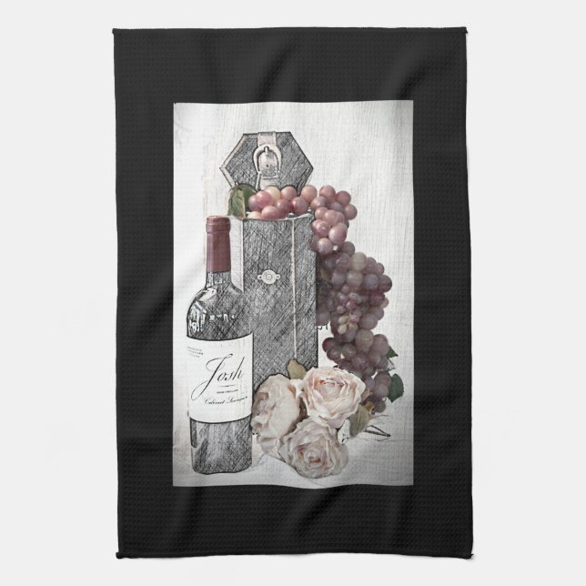 Linge De Cuisine Vins, raisins et Roses en Bourgogne & Noir (Vertical)