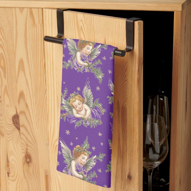 Linge De Cuisine Vintage anges violet motif (Pliage en tiers)