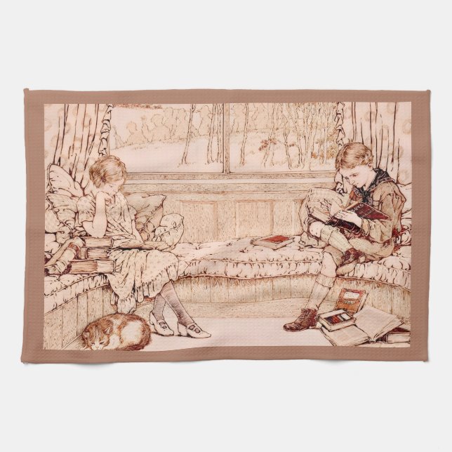 Linge De Cuisine Vintage Children Reading cozy Illustration  (Horizontal)