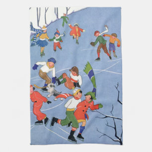Linge De Cuisine Vintage Christmas, Enfants Patinage sur glace sur