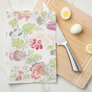 Linge De Cuisine Vintage Floral Cross Stitch Style Flower Kitchen