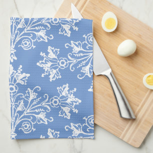 Linge De Cuisine Vintage Floral Damask Blanc et Cornflower Bleu