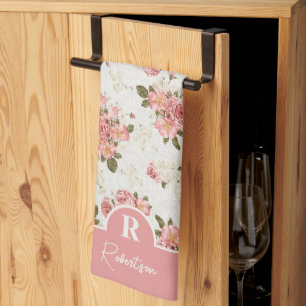 Linge De Cuisine Vintage Floral Monogramme Nom de famille