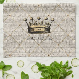 Linge De Cuisine Vintage Gold Crown Royal Queen King OWN TEXTE