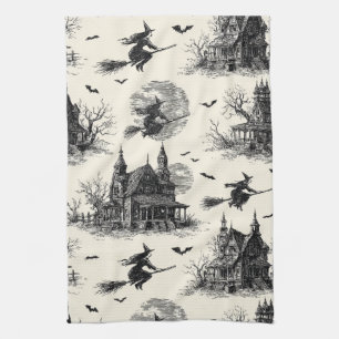 Linge De Cuisine Vintage Haunted House and Witch Toile Motif (2)