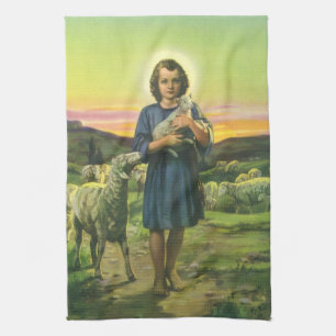 Linge De Cuisine Vintage Jésus Christ berger avec agneau de bébé