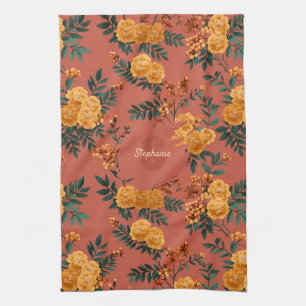 Linge De Cuisine Vintage Marigold Calendula Motif Floral