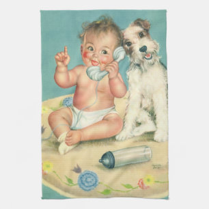 Linge De Cuisine Vintage mignonne bébé parler sur téléphone Chien c
