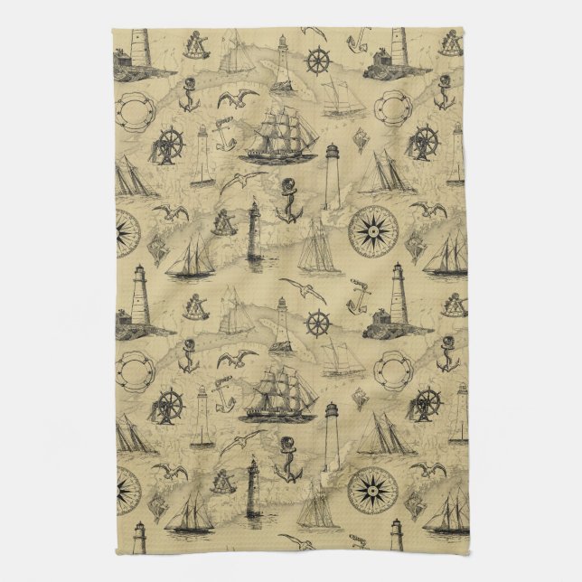 Linge De Cuisine Vintage Nautique Ancien Motif Carte (Vertical)