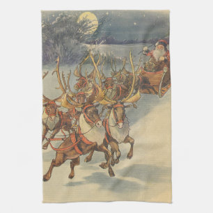 Linge De Cuisine Vintage Noël Père Noël Sleigh avec Reindeer