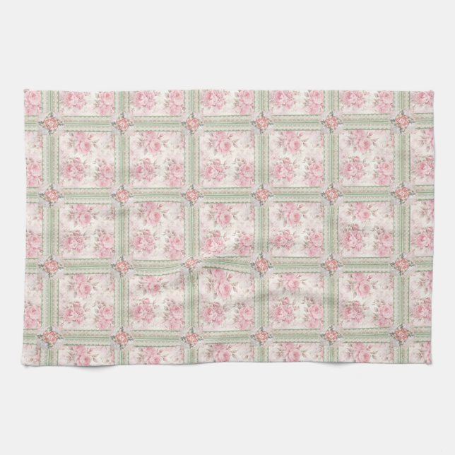 Linge De Cuisine Vintage Pink Roses Patchwork (Horizontal)