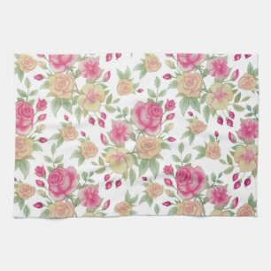 Linge De Cuisine Vintage Red and Yellow Roses Watercolor Pattern  