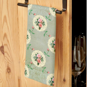 Linge De Cuisine Vintage Rose Doiliers Faded Smoky Green Damask
