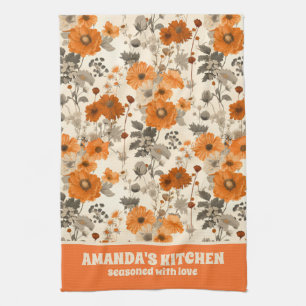 Linge De Cuisine Vintage Rustique Burnt Orange Automne Fleurs Motif