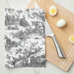 Linge De Cuisine Vintage Rustique Ferme Français Toile-Noir & Blanc<br><div class="desc">Ce motif de toile de jouy vintage restauré datant d'environ 1780 présente des scènes de la vie agricole rustique joyeuse comprenant des animaux,  des ruines antiques,  des cottages et des paysans engagés dans le travail et jouer en noir sur arrière - plan blanc.</div>