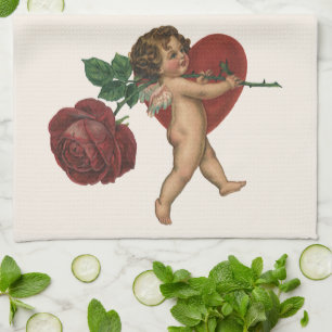 Linge De Cuisine Vintage Saint-Valentin Chérubin et Rose Victorienn
