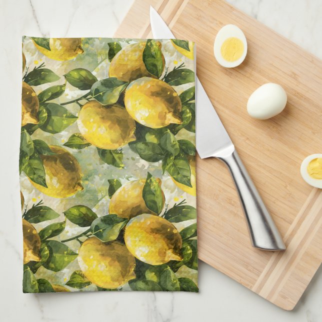 Linge De Cuisine Vintages, citrons aquarelles (Quart Plié)