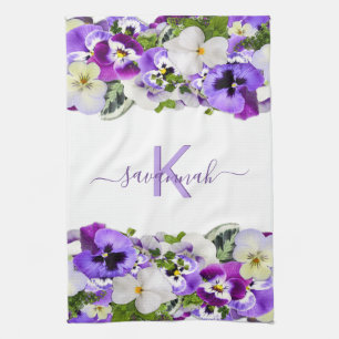 Linge De Cuisine Violet violet floraux blanc monogramme nom script