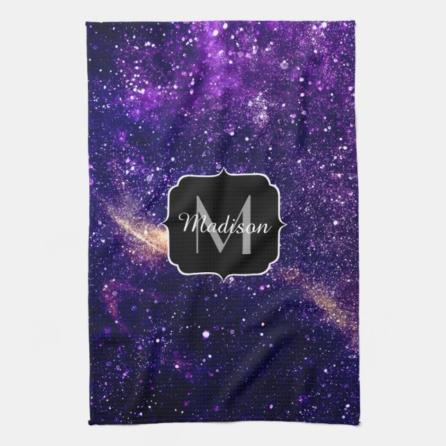 Linge De Cuisine Violet violet galaxie abstraite Monogramme personn (Vertical)