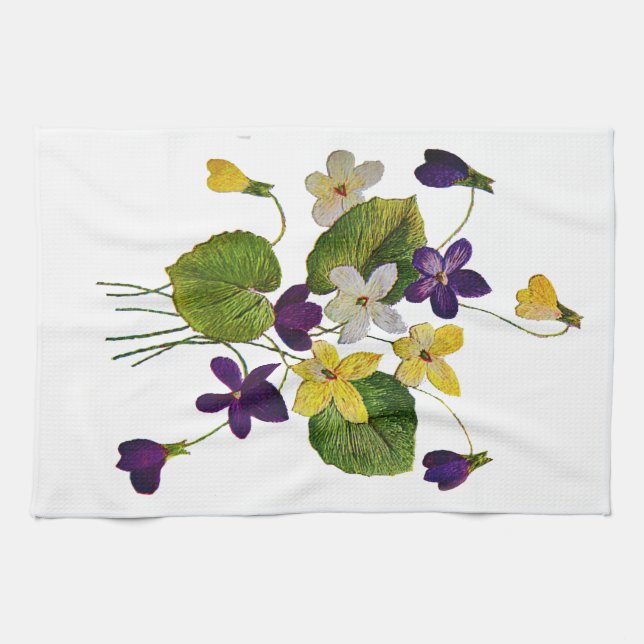 Linge De Cuisine Violets blancs, jaunes et violets brodés (Horizontal)