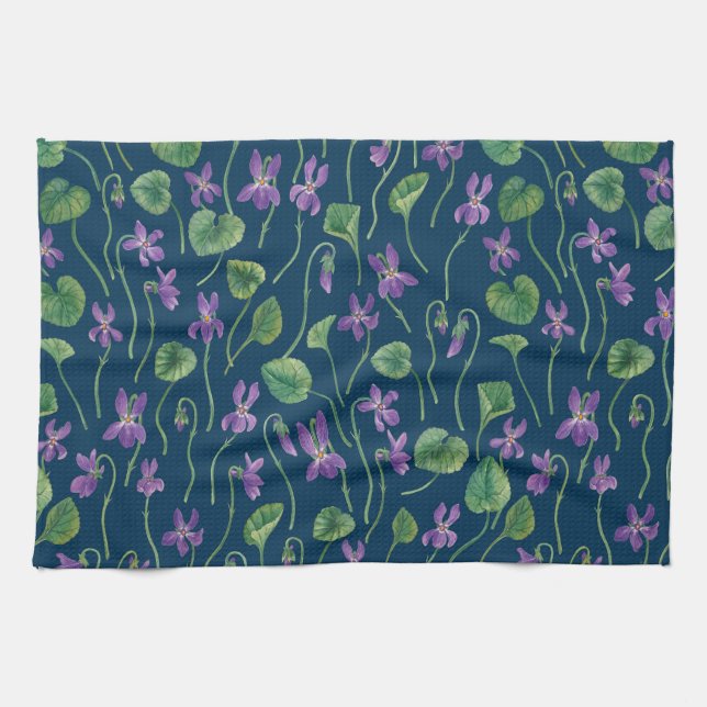 Linge De Cuisine Violettes à l'aquarelle sur fond bleu (Horizontal)