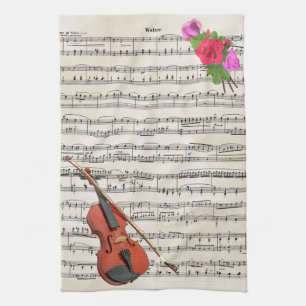 Linge De Cuisine Violin and Roses Vintage Sheet Music Design