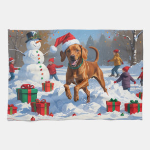 Linge De Cuisine Vizsla courant dans la neige avec un chapeau de No