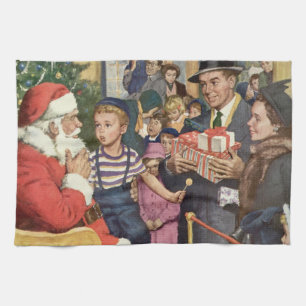 Linge De Cuisine Vœu de Noël vintage, garçon sur les genoux du Père