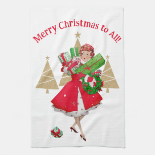 Linge De Cuisine Vœux de Noël de Dame Vintage 1950