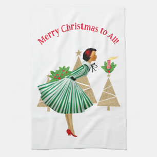 Linge De Cuisine Vœux de Noël de Dame Vintage 1950