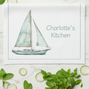 Linge De Cuisine Voilier à l'aquarelle bleue côtière personnalisé