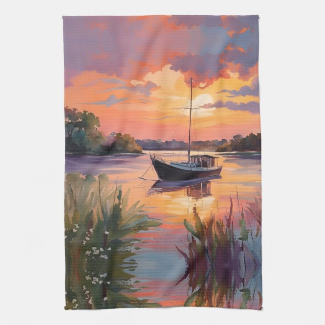 Linge De Cuisine Voilier au lever du soleil  (Vertical)