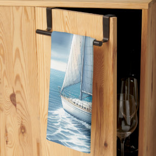 Linge De Cuisine Voilier Solitaire à l'Horizon Bleu