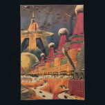 Linge De Cuisine Voiture volant vintage de science fiction futurist<br><div class="desc">illustration vintage image de science-fiction voyage et transport avec un livre classique retro sci fi milieu urbain avec une ville de l'avenir. Les bâtiments architecturaux sont en forme de cônes et les véhicules volent dans le ciel comme des oiseaux tandis que la foule se déplace à travers la métropole.</div>