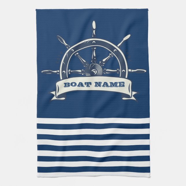 Linge De Cuisine Volant de bateau nautique, rayures bleu marine (Vertical)