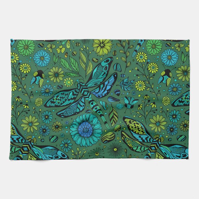 Linge De Cuisine Voler, voler la libellule sur le vert émeraude (Horizontal)