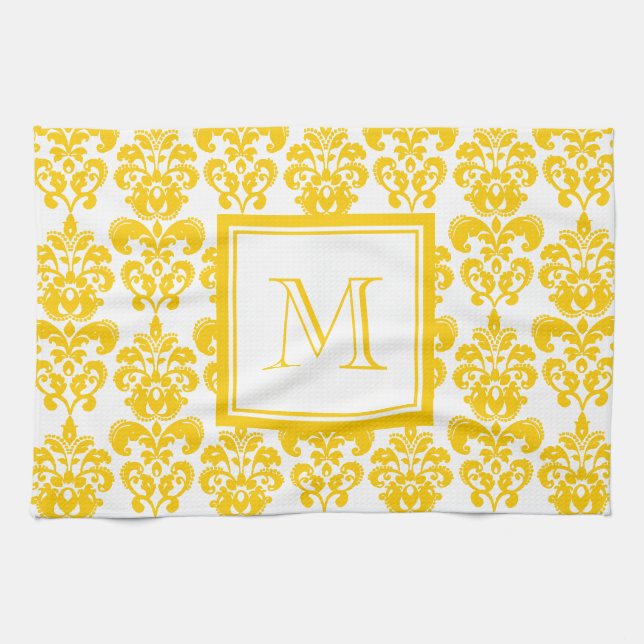 Linge De Cuisine Votre monogramme, motif jaune 2 de damassé (Horizontal)