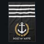 Linge De Cuisine Votre nom de bateau Ancre Gold Style Laurel Black<br><div class="desc">Personnalisez votre maison avec des serviettes de cuisine affichant votre nom de bateau, nom de famille ou autre texte désiré. Doté d'une ancre nautique conçue sur mesure, de feuilles de laurier de style or et d'emblème d'étoile sur le noir ou de régler facilement la couleur primaire pour correspondre à votre...</div>