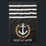 Linge De Cuisine Votre nom de bateau Ancre Gold Style Laurel Black<br><div class="desc">Personnalisez votre maison avec des serviettes de cuisine affichant votre nom de bateau, nom de famille ou autre texte désiré. Doté d'une ancre nautique conçue sur mesure, de feuilles de laurier de style or et d'emblème d'étoile sur le noir ou de régler facilement la couleur primaire pour correspondre à votre...</div>