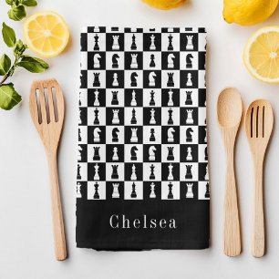 Linge De Cuisine Votre nom Figures de jeu d'échecs Motif Noir & Bla